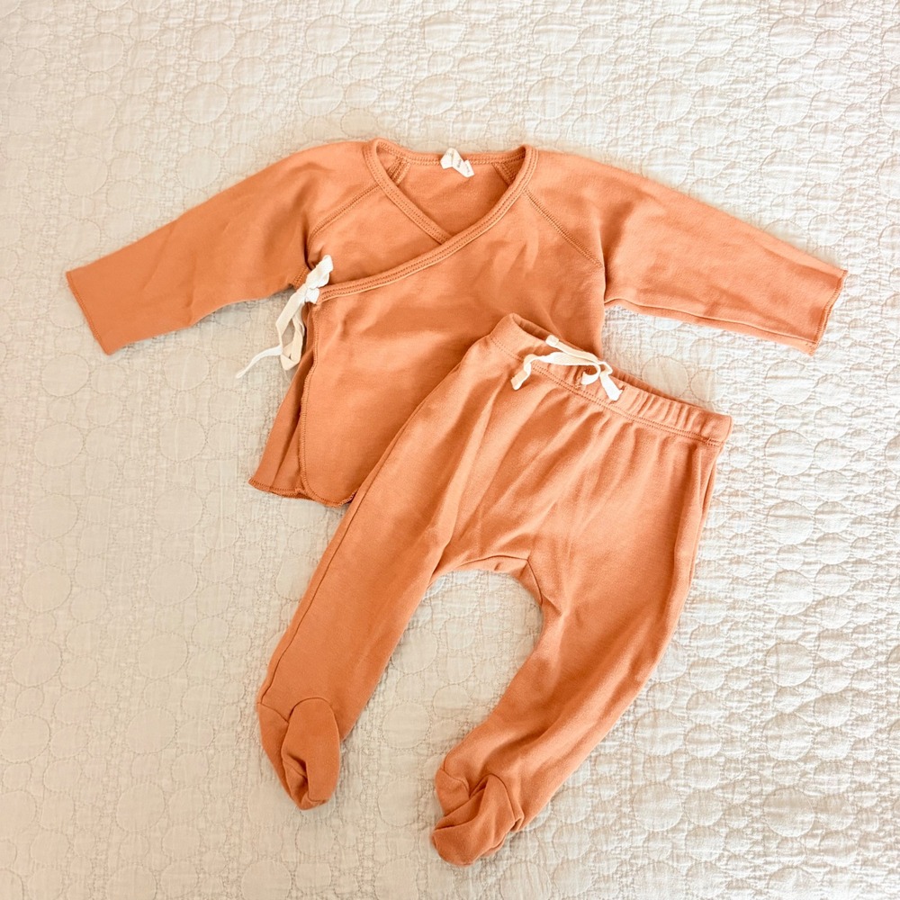 Quincy Mae Terracotta Organic Cotton Kimono Wrap Top and Footed Pant Set 0-3M